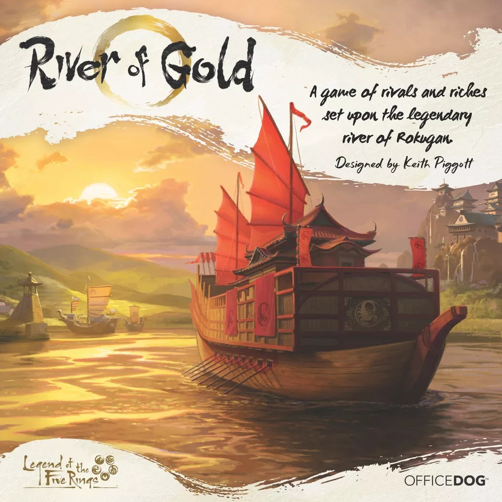 A stylized painting shows a red sailboat on a golden river at sunset, with mountains and a pagoda in the background. Text reads: River of Gold by Office Dog—a game where rival samurai clans seek riches along legendary Rokugan waters.