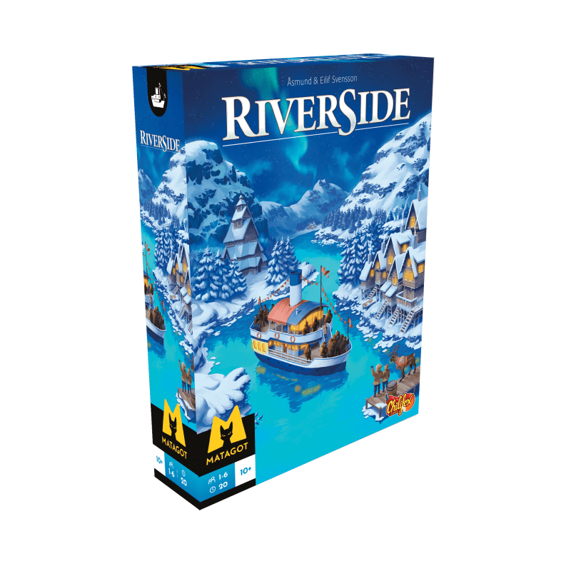 A 3D box image of Riverside EN/FR by Chilifox Games, depicting snowy mountains, icy water, a boat, and a village with cabins and pines. The blue winter-themed cover highlights this unique roll-and-write adventure.