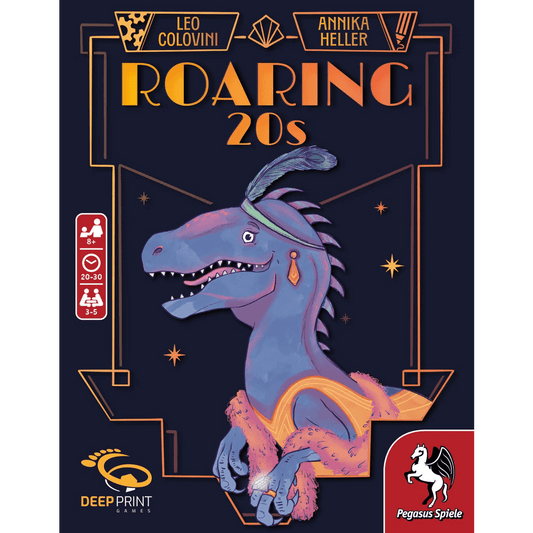 The Roaring 20s board game by Pegasus Spiele features a purple dinosaur in flapper style on the cover, set against a dark background with orange and gold art deco designs—perfect for this lively dinosaur party game.