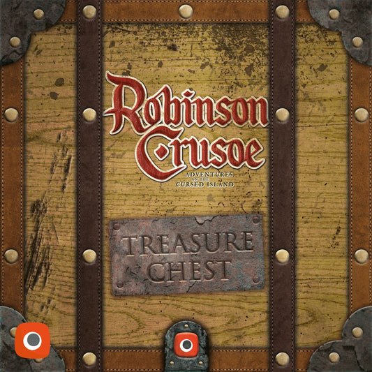 The Robinson Crusoe: Adventures on the Cursed Island: Treasure Chest by Portal Games is a treasure chest-themed box, ideal for storing board game expansions or promos. Features leather straps, metal studs, unique branding, and a labeled metal plate.
