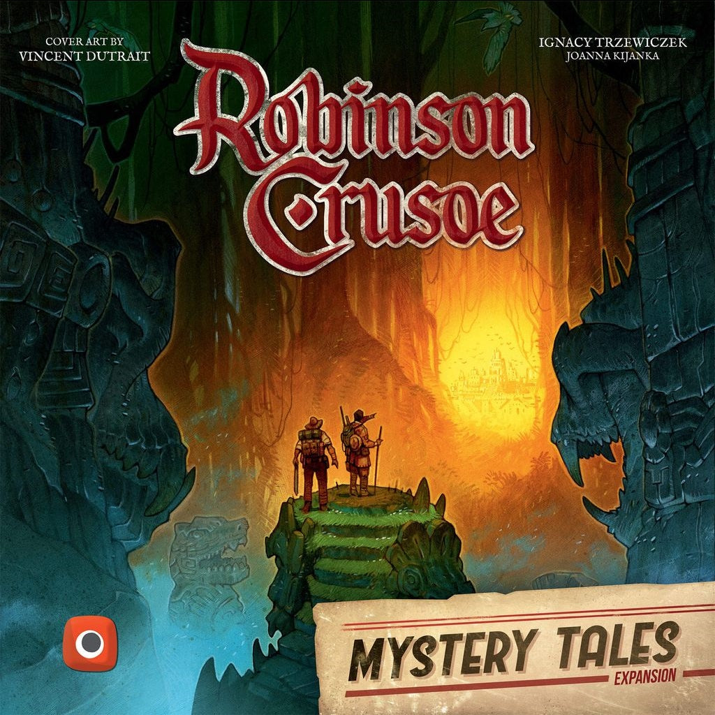 Two explorers stand on mossy steps in a glowing jungle of statues and trees. The text reads Robinson Crusoe: Adventures on the Cursed Island—Mystery Tales Expansion by Portal Games, featuring Horror Mode, with the creators’ names above.