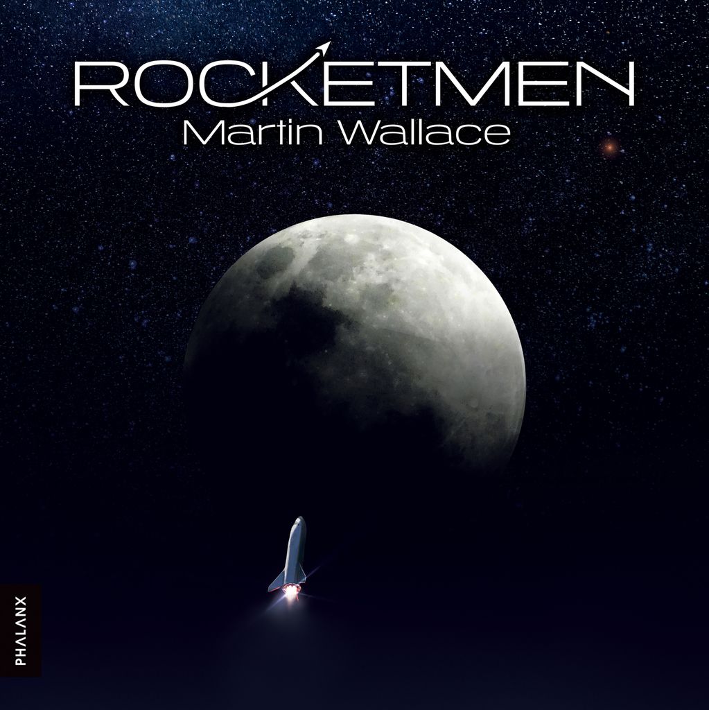 A rocket blasts into space with a bright moon and stars behind it. The title "Rocketmen" signals exciting space exploration, featuring Phalanx as the brand name.