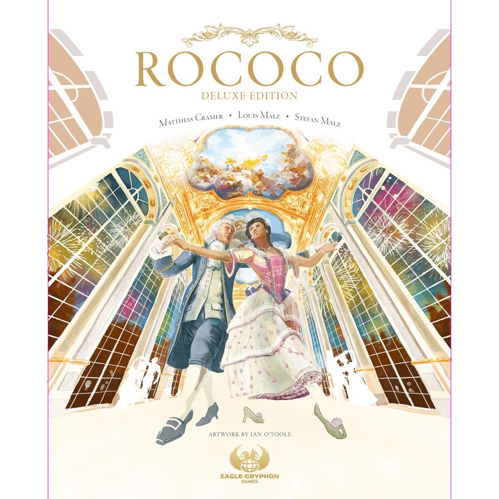 The Rococo: Deluxe Edition cover by Eagle-Gryphon Games features an elegantly dressed couple dancing at a grand ball in an ornate ballroom, highlighting the elegance and luxury of the era’s tailoring business.