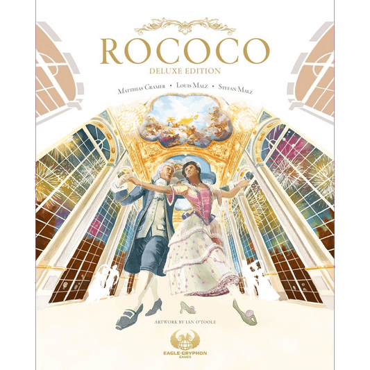 The Rococo: Deluxe Edition cover by Eagle-Gryphon Games features an elegantly dressed couple dancing at a grand ball in an ornate ballroom, highlighting the elegance and luxury of the era’s tailoring business.
