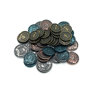 A set of Rococo Deluxe: Metal Components by Eagle-Gryphon Games—gold, silver, and copper coins embossed with values like 1, 5, and 10—are arranged on a white background, ideal for enhancing your board game experience.