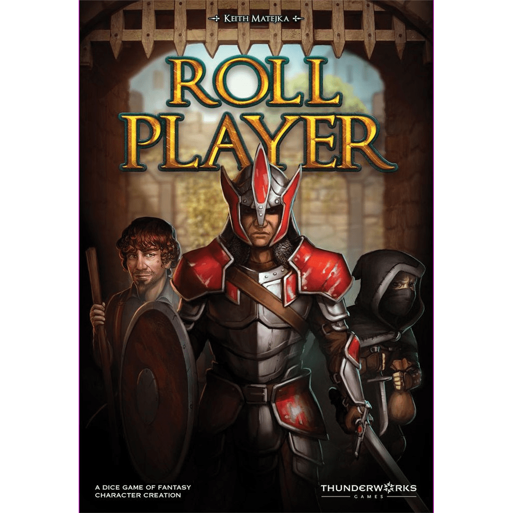 Cover of Roll Player by Thunderworks, showing a knight in red armor, a cloaked rogue, and a wizard with a staff before a castle gate—three heroes poised for character creation in this fantasy board game.