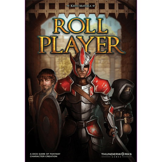 Cover of Roll Player by Thunderworks, showing a knight in red armor, a cloaked rogue, and a wizard with a staff before a castle gate—three heroes poised for character creation in this fantasy board game.