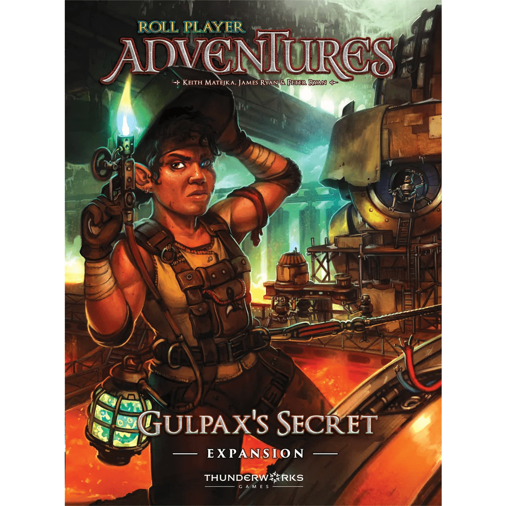 A steampunk adventurer with a glowing lantern and pistol stands among gears and pipes. Text: Roll Player Adventures: Gulpax’s Secret Expansion by Thunderworks Games—a co-op storybook board game.