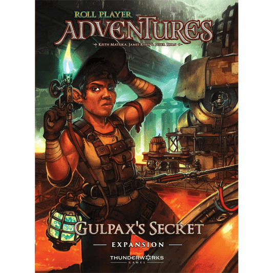 A steampunk adventurer with a glowing lantern and pistol stands among gears and pipes. Text: Roll Player Adventures: Gulpax’s Secret Expansion by Thunderworks Games—a co-op storybook board game.