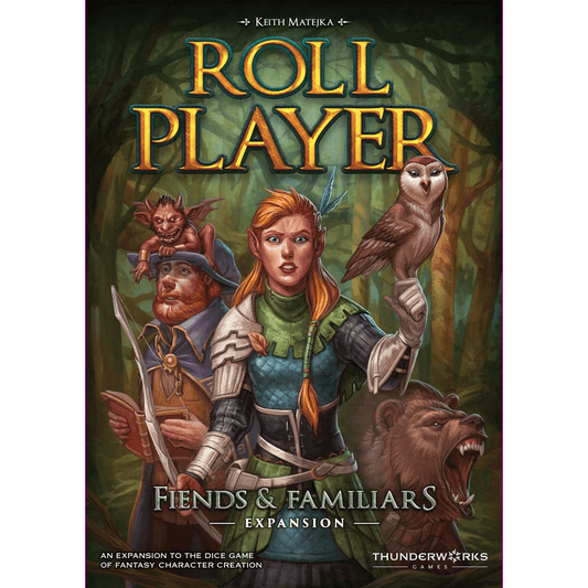 The box for Thunderworks' Roll Player: Fiends & Familiars Expansion features an elf woman with a bow and owl, goblin-like creature, bearded man with axe, and wolf in a forest. Text shows the game’s name as Roll Player: Fiends & Familiars Expansion.