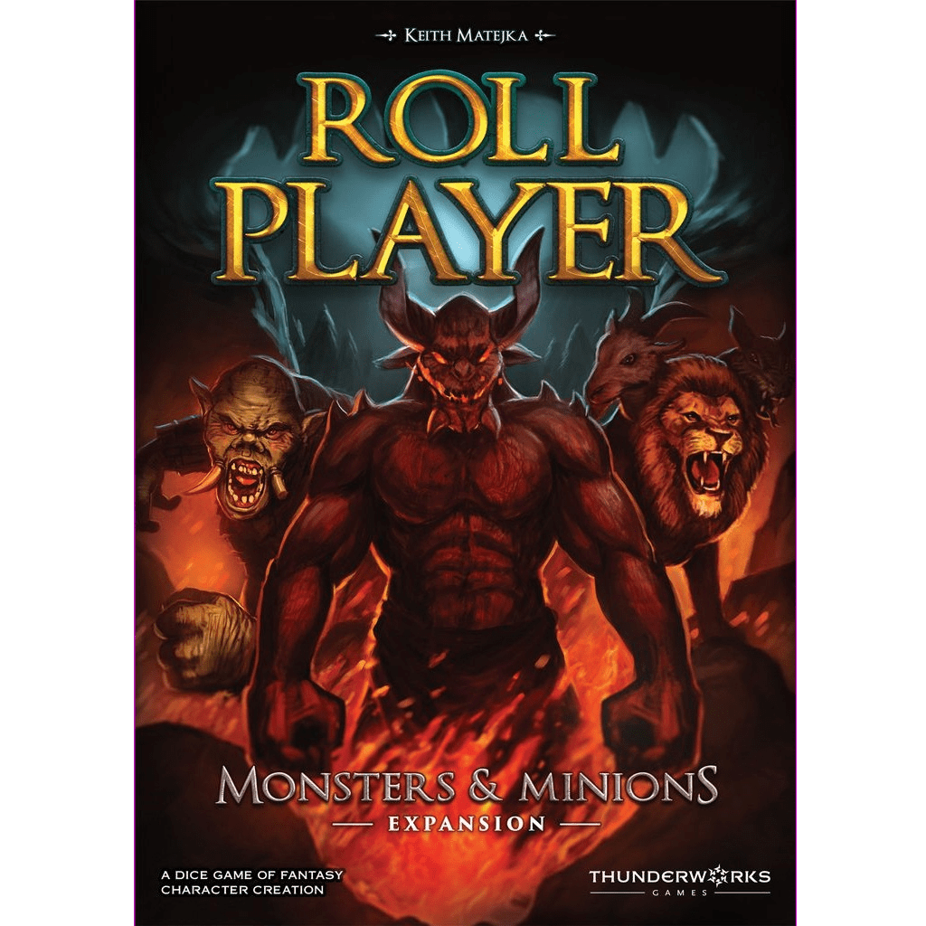 The box cover of Thunderworks’ Roll Player: Monsters & Minions Expansion shows a strong horned demon in the center, with a wolf-headed beast and lizard monster beside it, set against a fiery backdrop.