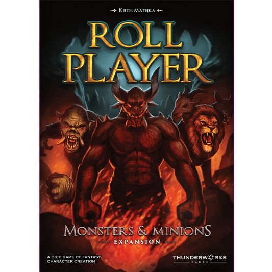 The box cover of Thunderworks’ Roll Player: Monsters & Minions Expansion shows a strong horned demon in the center, with a wolf-headed beast and lizard monster beside it, set against a fiery backdrop.