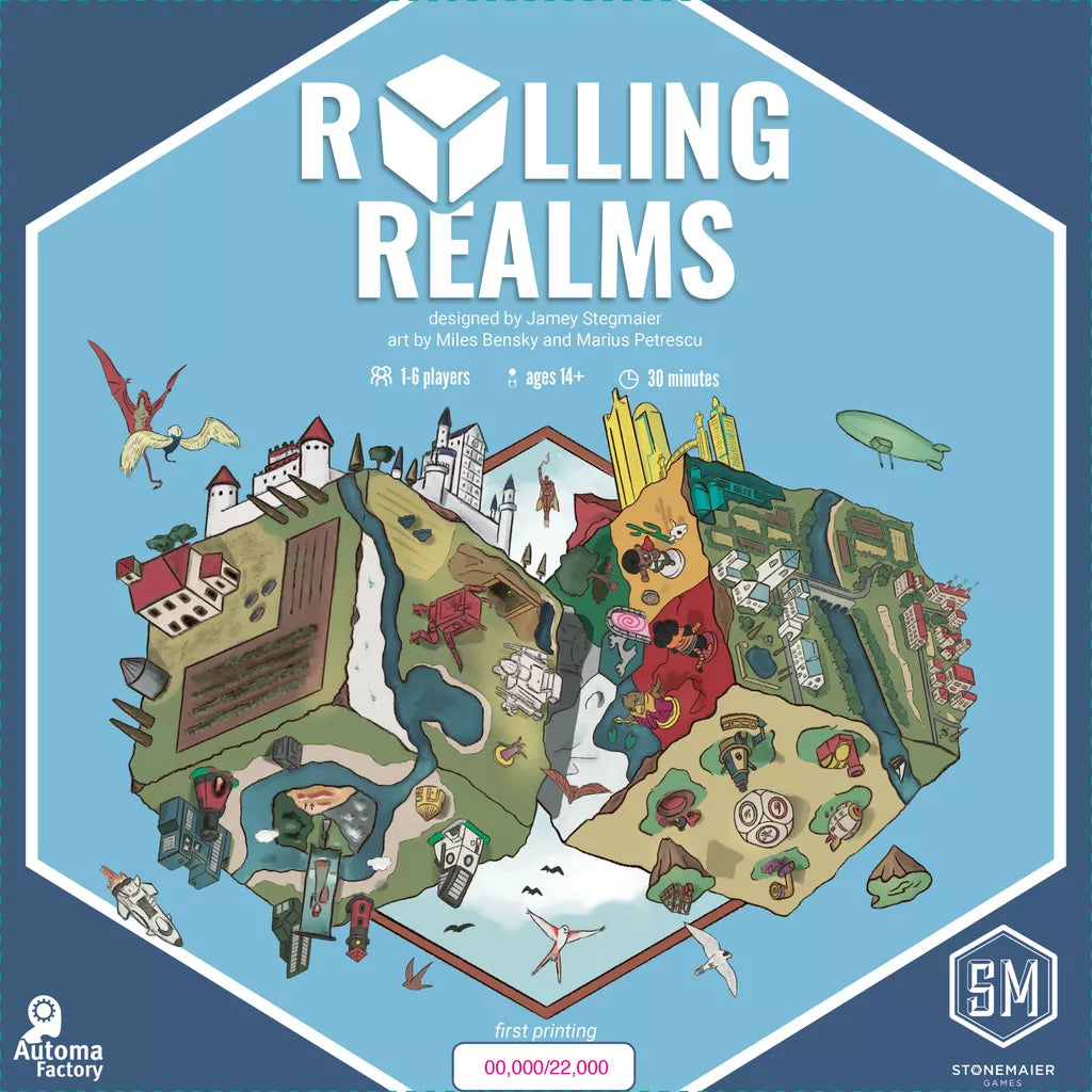 The Rolling Realms board game cover by Stonemaier Games depicts a floating island divided into themed zones with unique buildings, featuring a prominent title, dice imagery, and game details highlighting this roll-and-write adventure.