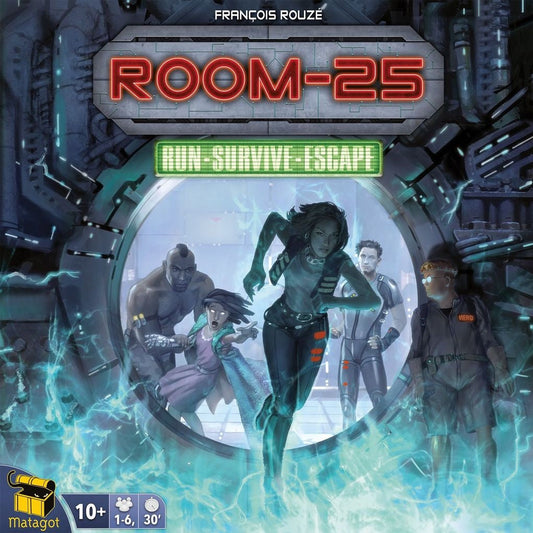 Five characters run through a futuristic doorway surrounded by smoke and blue light in Matagot’s cooperative board game Room 25 EN/FR. The title appears above, with board game icons in the corner.