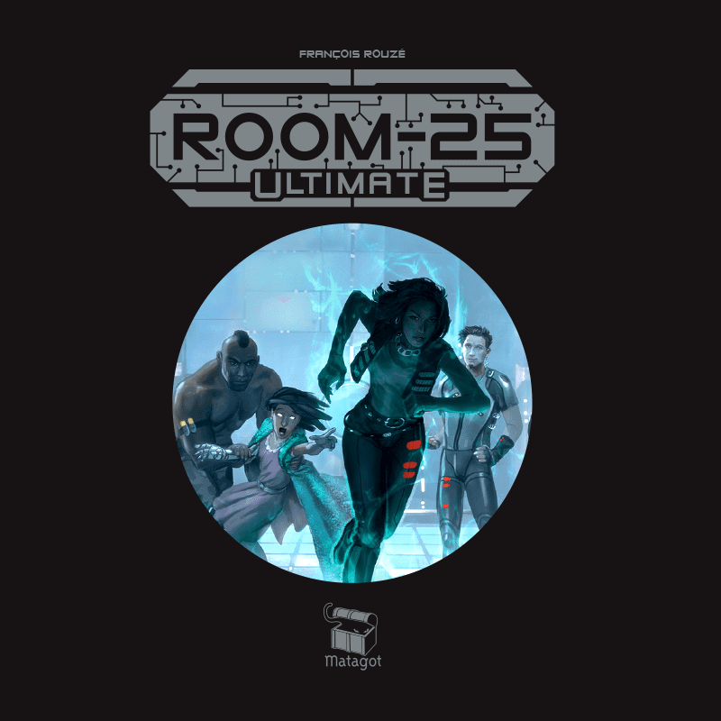 The cover art for Room 25 Ultimate EN/FR by Matagot features four characters in action-packed, futuristic outfits escaping a glowing high-tech room, with the game’s logo above and Matagot branding below.