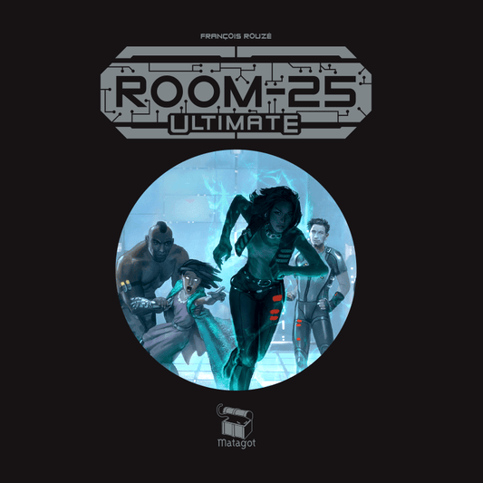 The cover art for Room 25 Ultimate EN/FR by Matagot features four characters in action-packed, futuristic outfits escaping a glowing high-tech room, with the game’s logo above and Matagot branding below.