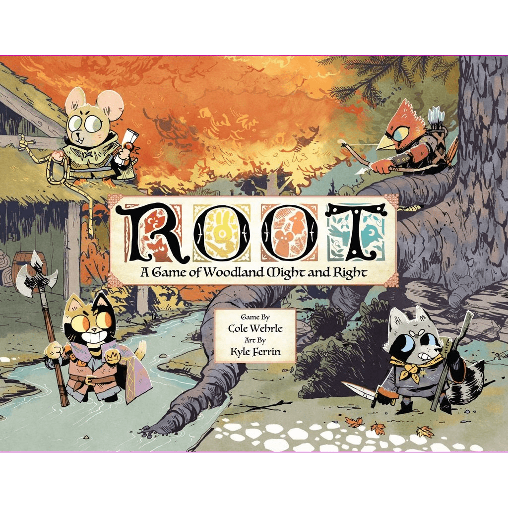 Four illustrated animals—an armored mouse, hooded bird, axe-wielding cat, and sword-carrying raccoon—stand in a woodland scene. The text reads: Root by Leder Games—a strategy adventure board game of woodland might and right.