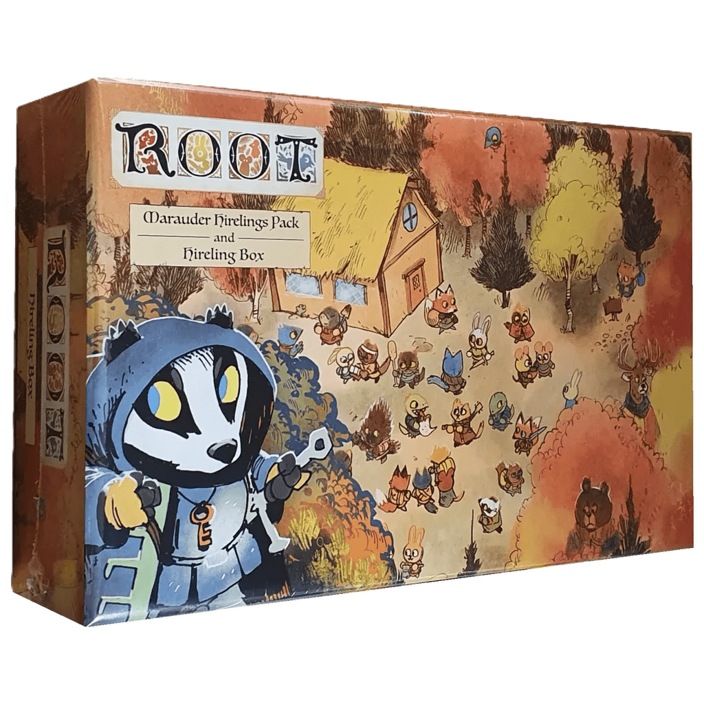 Box cover of Leder Games’ Root: Marauder Hirelings Pack & Hireling Box, showing illustrated woodland animal hirelings near a cottage among autumn trees, with a prominent cat-like character in the foreground.
