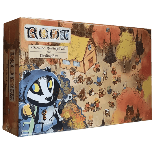 Box cover of Leder Games’ Root: Marauder Hirelings Pack & Hireling Box, showing illustrated woodland animal hirelings near a cottage among autumn trees, with a prominent cat-like character in the foreground.