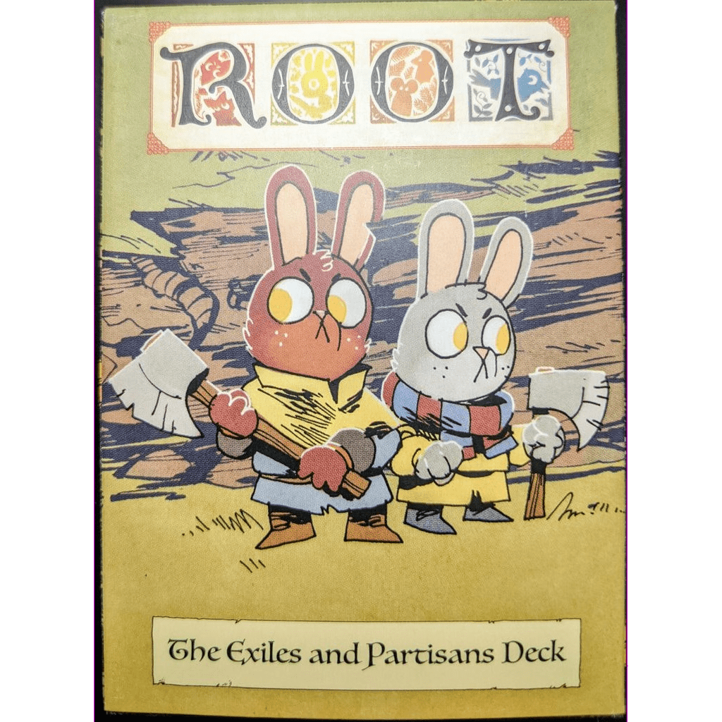 The Root: The Exiles and Partisans Deck by Leder Games features an illustrated cover with cartoon rabbits wielding axes by chopped logs, suggesting a unique alternative deck for the Woodland Alliance.