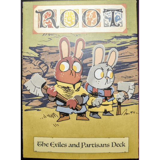The Root: The Exiles and Partisans Deck by Leder Games features an illustrated cover with cartoon rabbits wielding axes by chopped logs, suggesting a unique alternative deck for the Woodland Alliance.