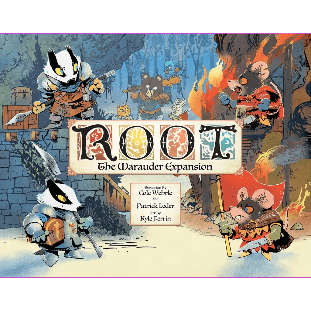 Colorful illustration of armored mice and badgers preparing for battle in a forest, with "Root: The Marauder Expansion" by Leder Games boldly centered, capturing the excitement of this action-packed board game expansion. Creators' names appear below.