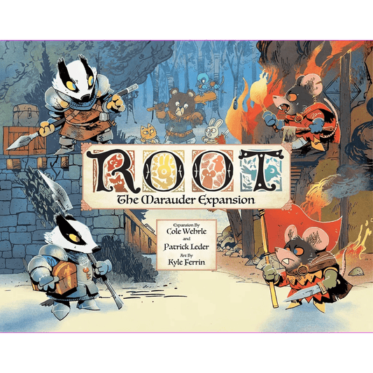 Colorful illustration of armored mice and badgers preparing for battle in a forest, with "Root: The Marauder Expansion" by Leder Games boldly centered, capturing the excitement of this action-packed board game expansion. Creators' names appear below.