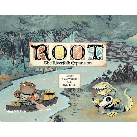 An otter from Riverfolk rows a goods-laden boat as a Lizard Cult member watches from shore. Text: Root: The Riverfolk Expansion by Leder Games. Game by Cole Wehrle, art by Kyle Ferrin.
