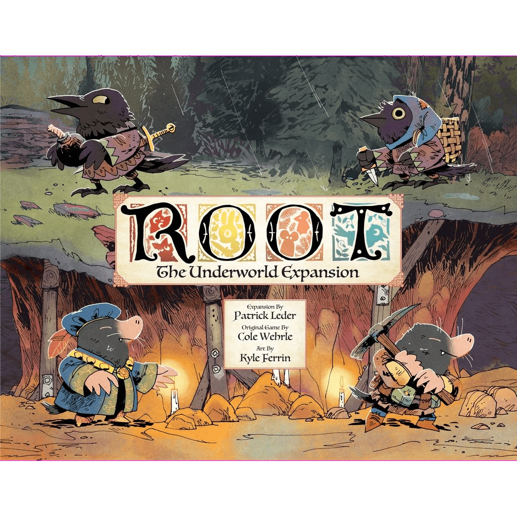 The box cover of Root: The Underworld Expansion by Leder Games features illustrated moles digging underground and crows above, representing new factions and maps. Art and design credits go to Patrick Leder, Cole Wehrle, and Kyle Ferrin.