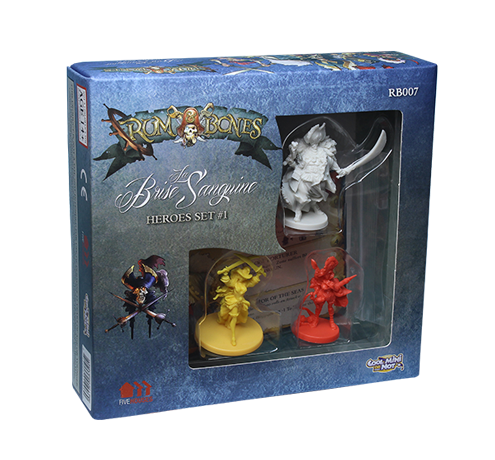 Cool Mini Or Not’s Rum and Bones La Brise Sanguine Heroes Set #1 includes three detailed pirate miniatures—white, yellow, and red—packaged in a box featuring bold fantasy pirate artwork.