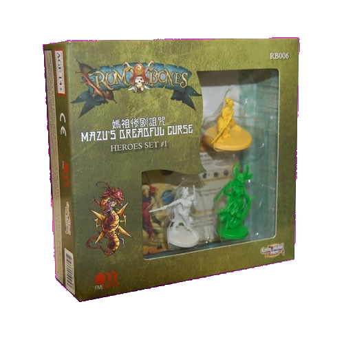 Rum and Bones Mazu's Dreadful Curse Heroes Set #1 by Cool Mini Or Not includes three colorful miniatures (yellow, white, green) displayed in a windowed box.