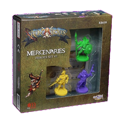 Cool Mini Or Not’s Rum and Bones Mercenary Heroes Set #2 boxed set features four colorful miniatures—yellow, green, purple, and orange—visible through a clear plastic window on the front of the packaging.