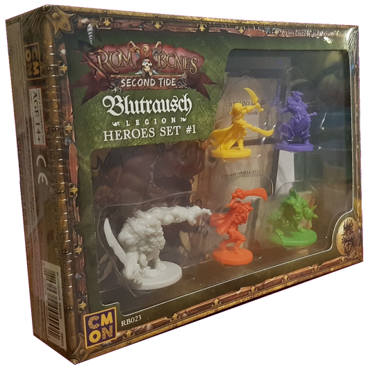 The Rum and Bones Second Tide Blutrausch Heroes Set 1 by Cool Mini Or Not features five colorful Blutrausch hero miniatures (white, orange, green, yellow, purple) displayed in a clear window box.