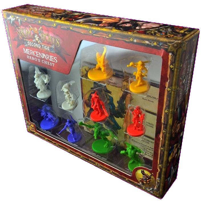 The Cool Mini Or Not Rum and Bones Second Tide Mercenaries Hero's Chest is a boxed set with ten new detailed miniatures in white, yellow, red, blue, and green plastic, all visible through a clear window.