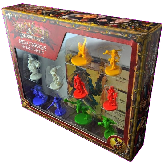 The Cool Mini Or Not Rum and Bones Second Tide Mercenaries Hero's Chest is a boxed set with ten new detailed miniatures in white, yellow, red, blue, and green plastic, all visible through a clear window.