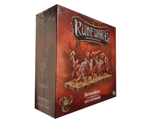 A sealed box of Fantasy Flight Games' RuneWars Berserkers Unit Expansion is shown at an angle, featuring artwork of armored warriors with axes on a red background, highlighting both the front and side.