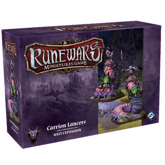 The RuneWars Carrion Lancers Unit Expansion by Fantasy Flight Games features painted Carrion Worms with armored riders—ideal for boosting your undead army in dark fantasy battles.