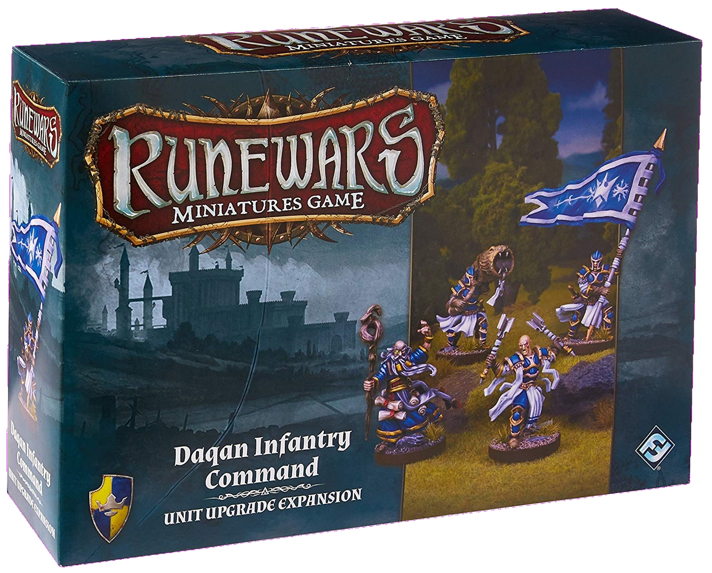 Box for RuneWars Daqan Infantry Command Unit Expansion by Fantasy Flight Games, featuring painted miniatures with a blue flag, fantasy artwork, logo, and upgrade cards for customizing your army.