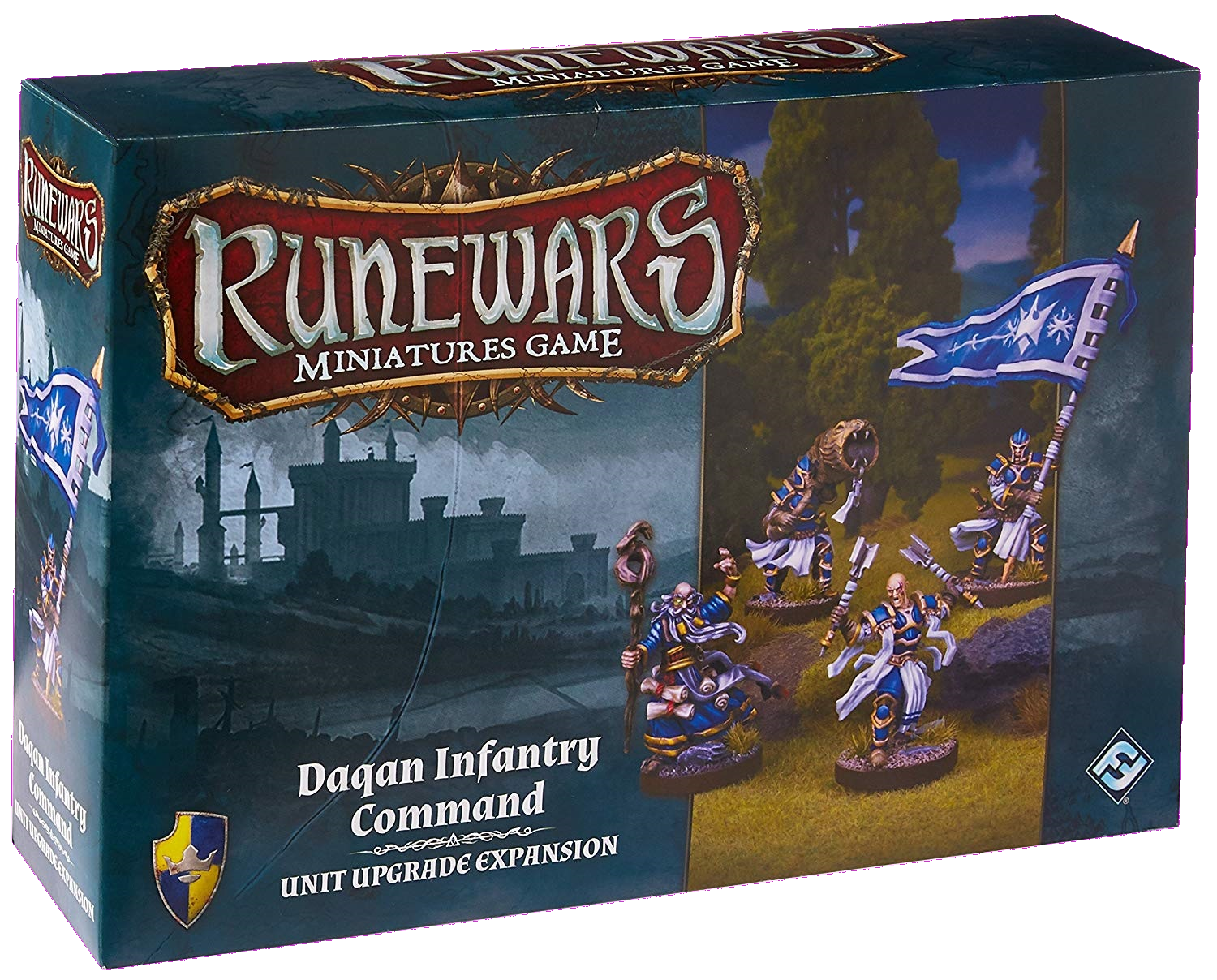 Box for RuneWars Daqan Infantry Command Unit Expansion by Fantasy Flight Games, featuring painted miniatures with a blue flag, fantasy artwork, logo, and upgrade cards for customizing your army.