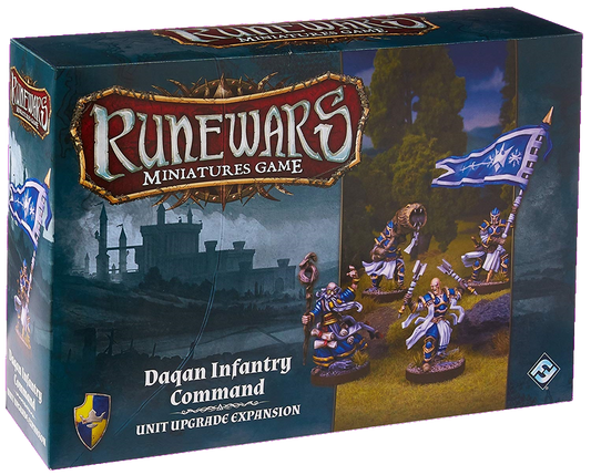 Box for RuneWars Daqan Infantry Command Unit Expansion by Fantasy Flight Games, featuring painted miniatures with a blue flag, fantasy artwork, logo, and upgrade cards for customizing your army.