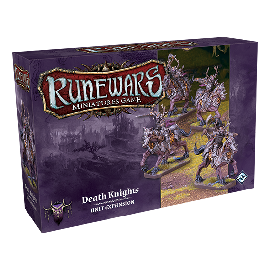 The RuneWars Death Knights Unit Expansion by Fantasy Flight Games comes in a purple box featuring artwork of armored undead knights on horses against a dark, mystical landscape.