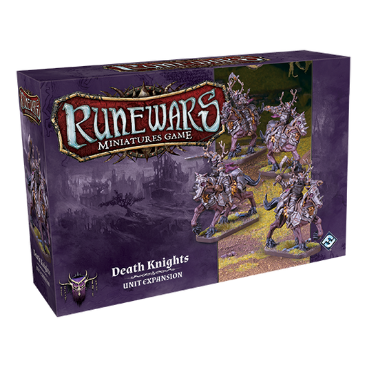 The RuneWars Death Knights Unit Expansion by Fantasy Flight Games comes in a purple box featuring artwork of armored undead knights on horses against a dark, mystical landscape.