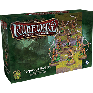 The RuneWars Deepwood Archers Unit Expansion by Fantasy Flight Games features painted Latari Elves archers with bows, set against a green forest-themed background.