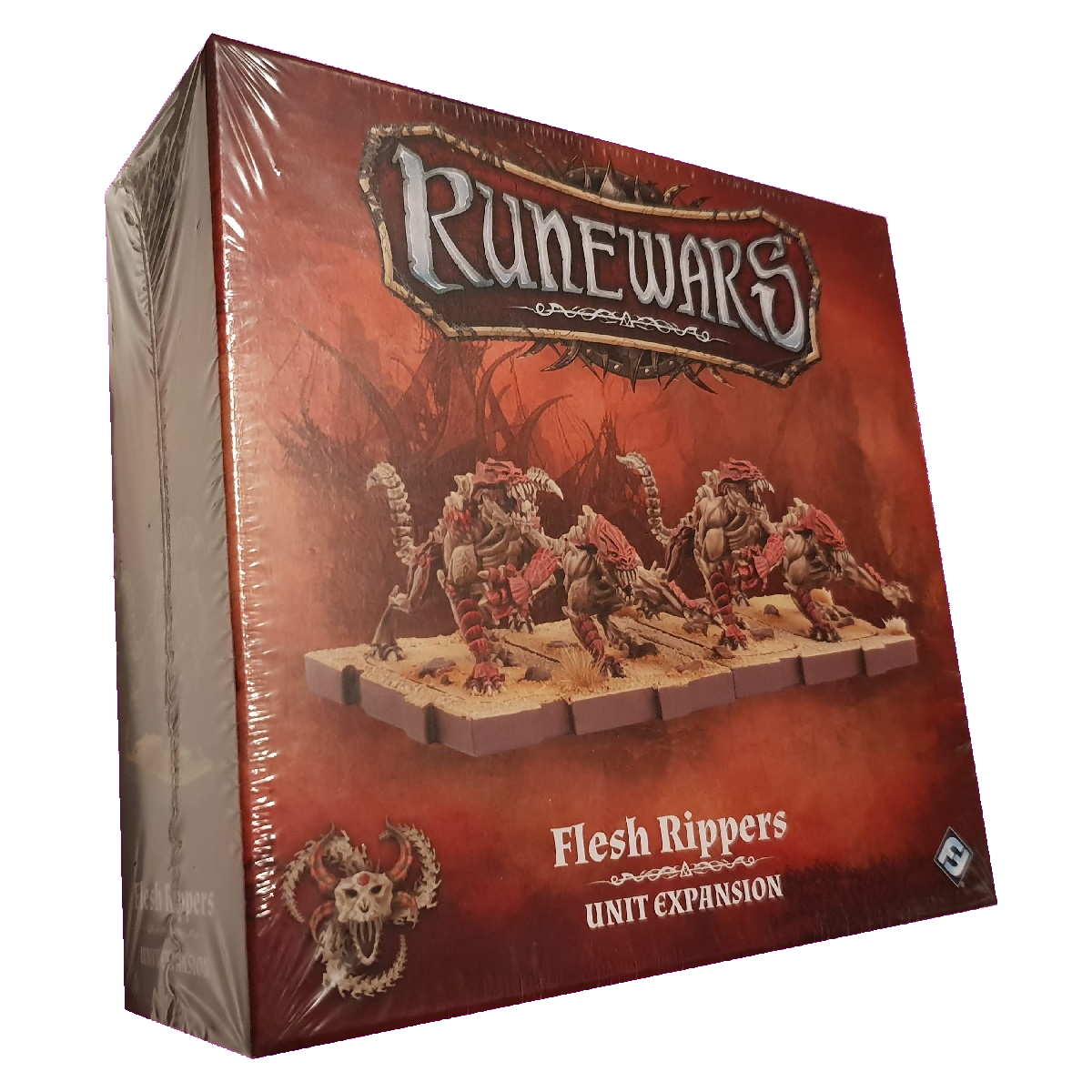 Factory sealed RuneWars Flesh Rippers Expansion by Fantasy Flight Games, featuring fierce creatures on a red background—ideal for expanding your Uthuk Y’llan Army in the Runewars Miniatures Game.