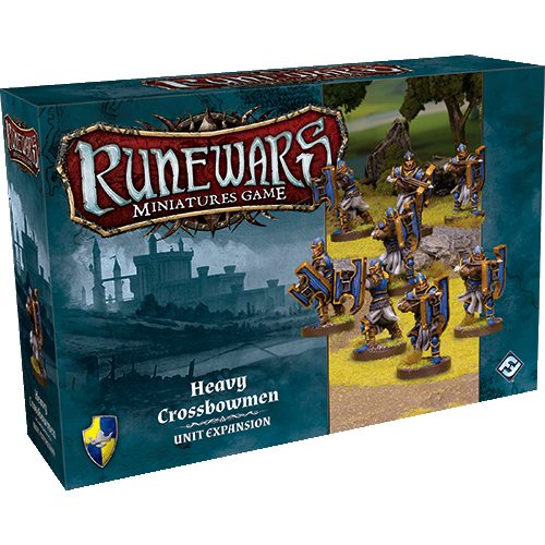 Box of RuneWars Heavy Crossbowmen Unit Expansion by Fantasy Flight Games, featuring painted Daqan Baronies crossbowmen on a battlefield with the game title and expansion details shown prominently.