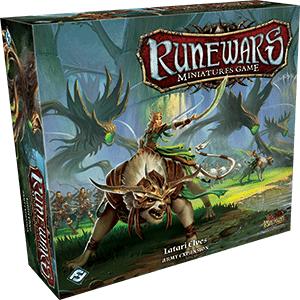 The image displays the RuneWars Latari Elves Army Expansion box by Fantasy Flight Games, showing elves riding horned beasts in a forest with giant birds, as part of the Runewars Miniatures Game.