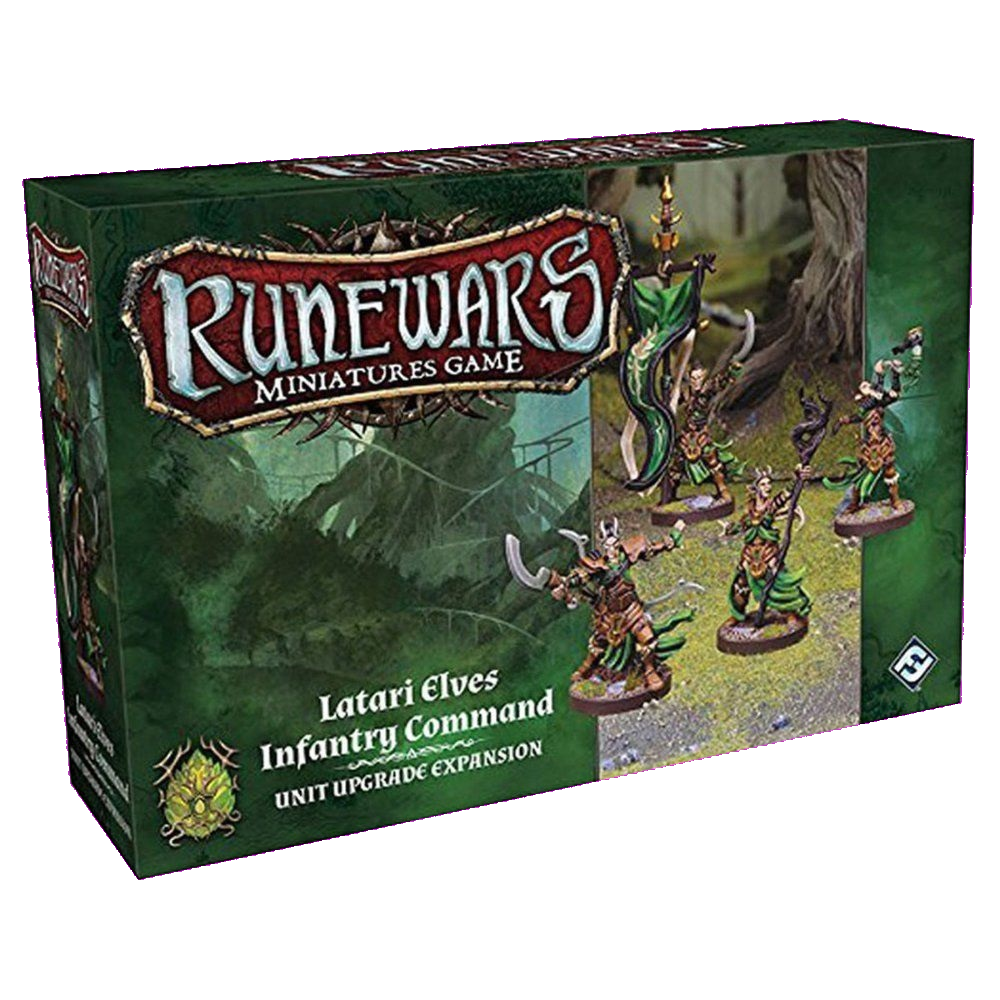 The Fantasy Flight Games RuneWars Latari Elves Infantry Command Unit Upgrade Expansion features painted elf miniatures on packaging with a lush forest backdrop.