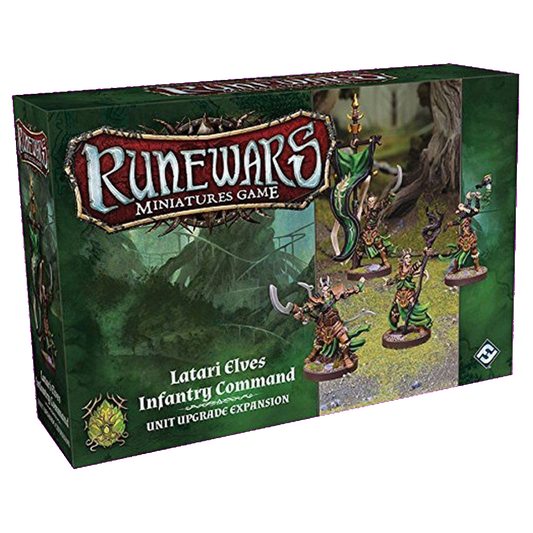 The Fantasy Flight Games RuneWars Latari Elves Infantry Command Unit Upgrade Expansion features painted elf miniatures on packaging with a lush forest backdrop.