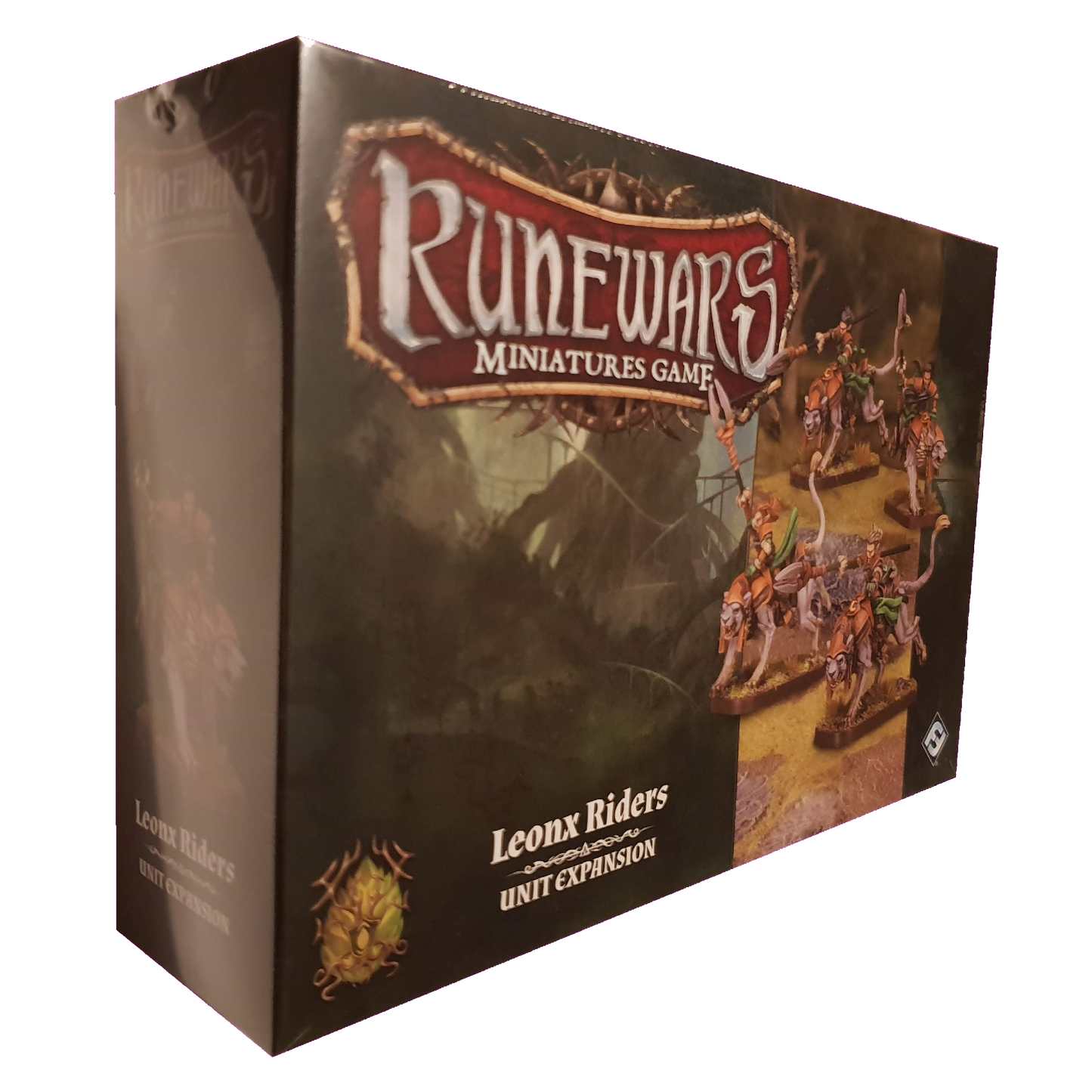 The RuneWars Leonx Riders Unit Expansion by Fantasy Flight Games comes in a box showing an illustrated battle scene with Latari Elves Leonx Riders, and "Leonx Riders Unit Expansion" is displayed on the front.