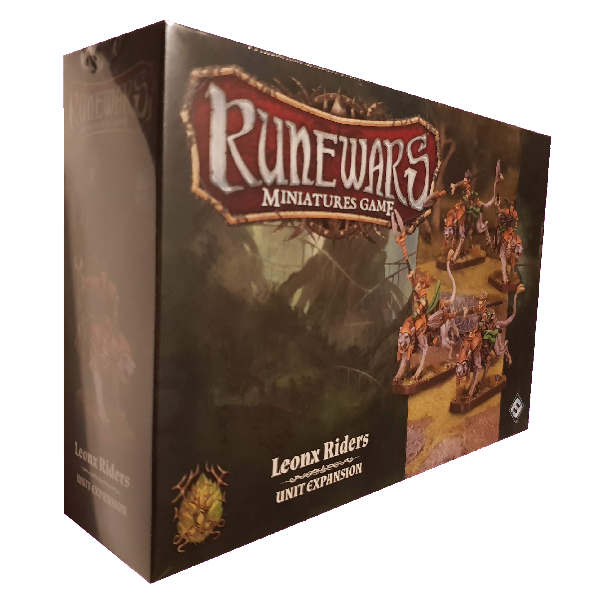 The RuneWars Leonx Riders Unit Expansion by Fantasy Flight Games comes in a box showing an illustrated battle scene with Latari Elves Leonx Riders, and "Leonx Riders Unit Expansion" is displayed on the front.